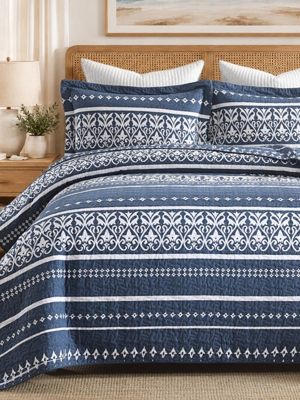 100% Cotton Boho Striped Queen Quilt Set, Navy Blue & White 3 Piece